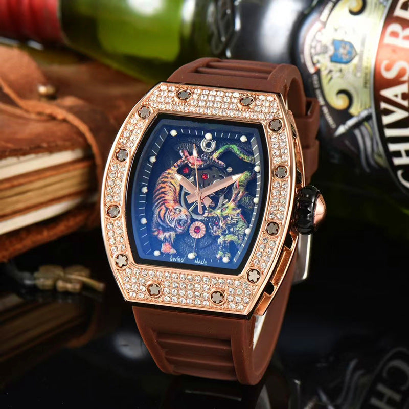 Tonneau-Shaped Water-Resistant Watch with Dragon & Tiger Totems