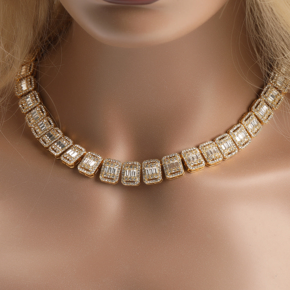Alloy Necklace, 13mm, Diamond-Studded Nine-Panel Chain