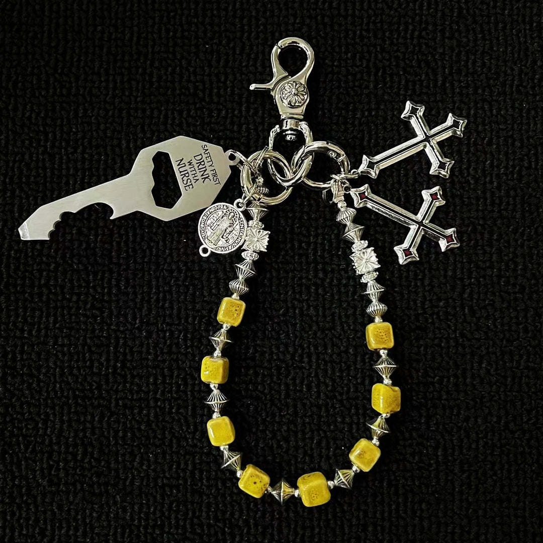 Vintage Blue Ceramic Bead Keychain with Cross Charms