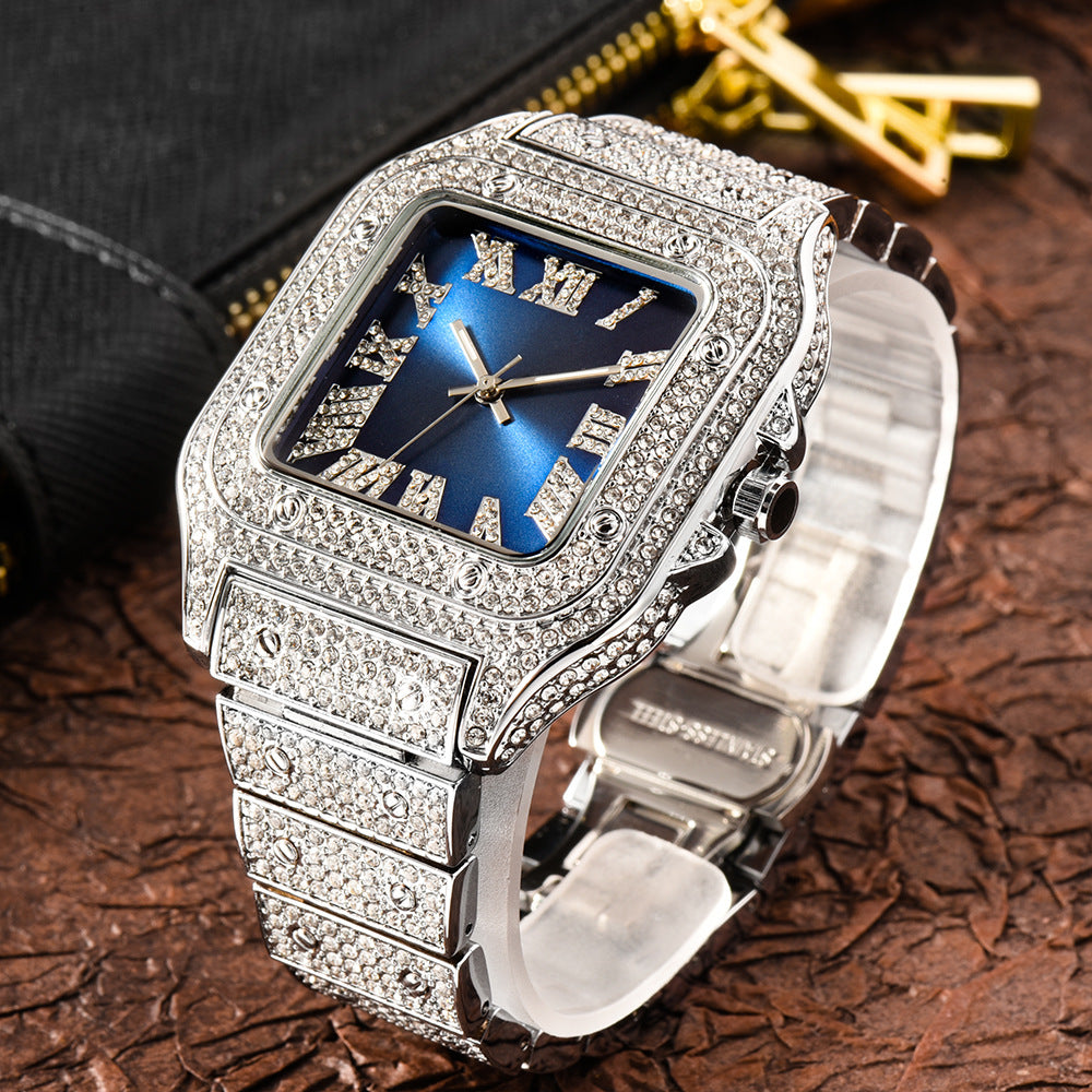 Roman Dial Marker High-End Hip Hop Style Diamond-Studded Square Watch