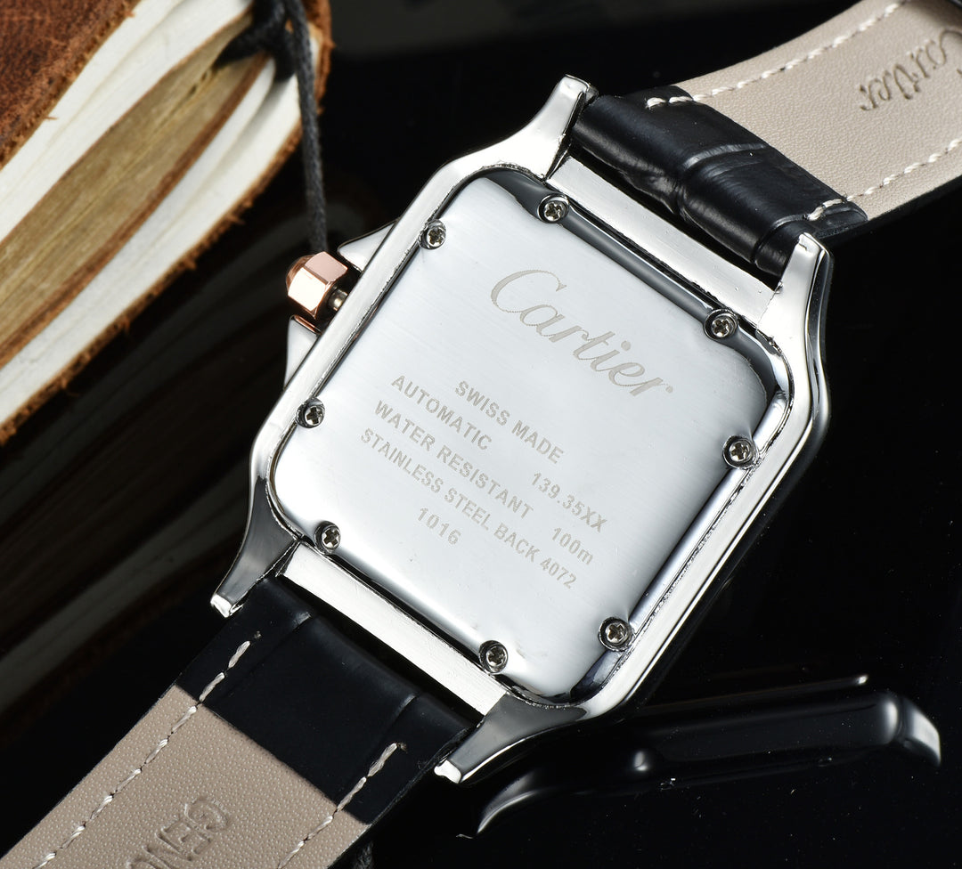 Leather Strap, Three-Hand Quartz Watch with Square Case
