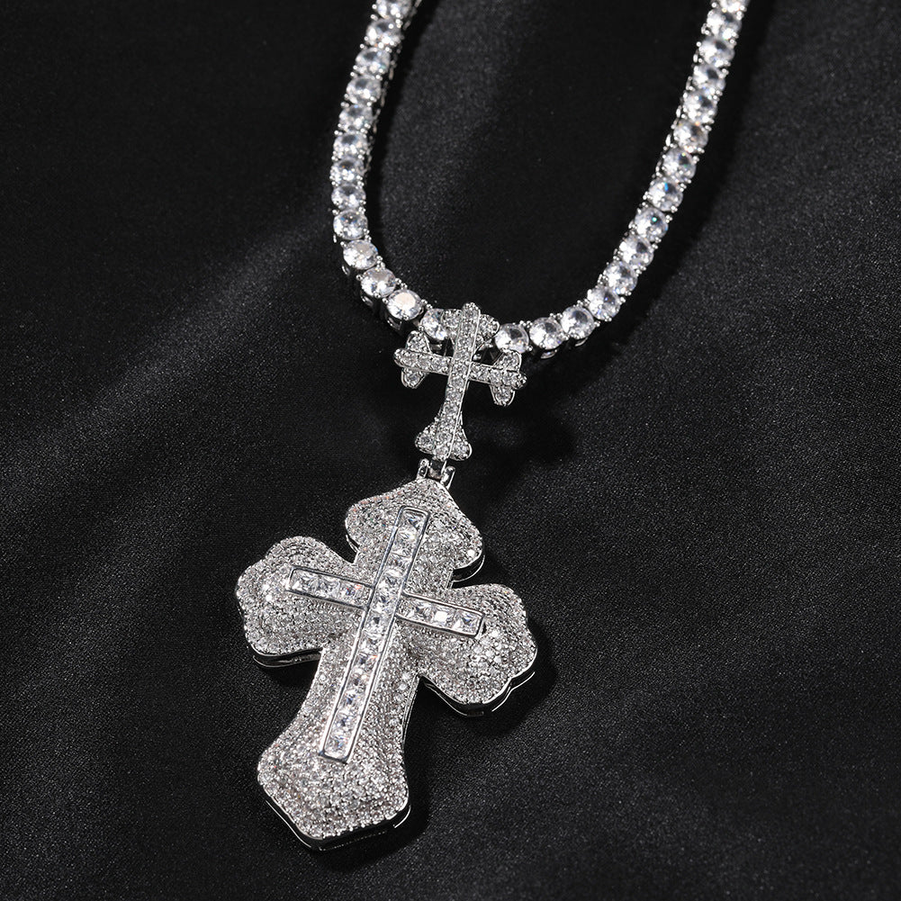 Hip-hop zircon-encrusted couple's necklace with large and small crosses