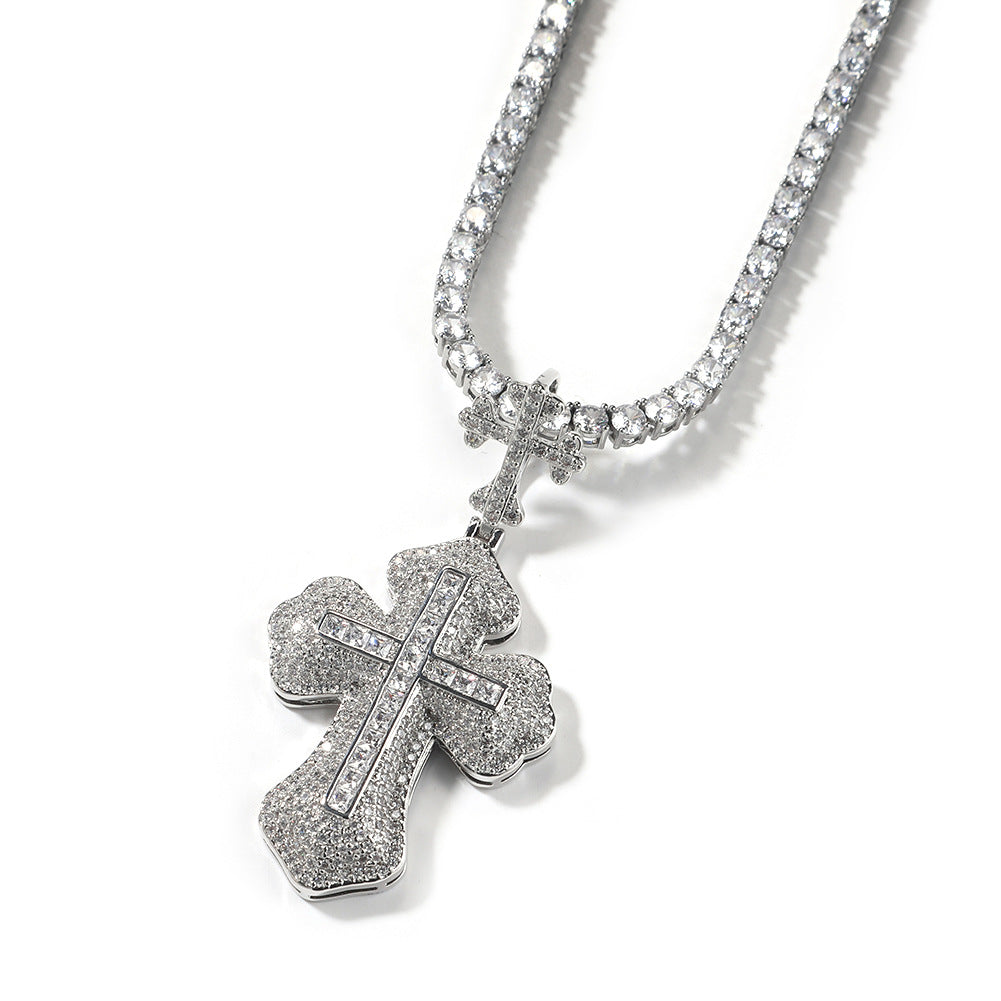 Hip-hop zircon-encrusted couple's necklace with large and small crosses