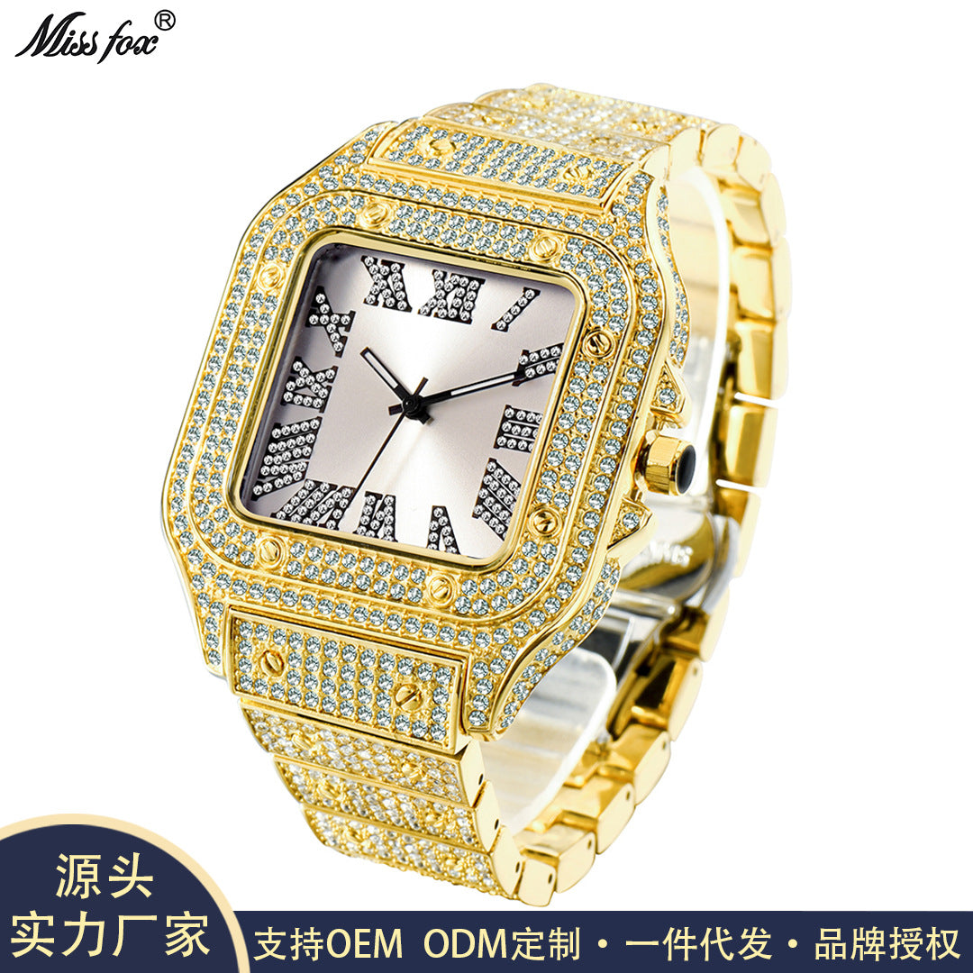 Roman Dial Marker High-End Hip Hop Style Diamond-Studded Square Watch