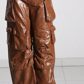 Multi-pocket overalls leather pants personality loose overalls