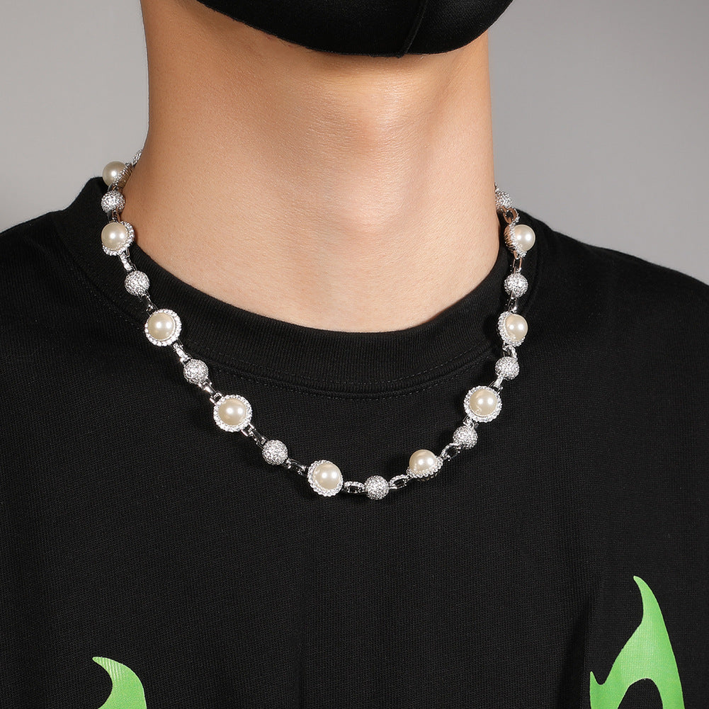Hip-Hop Silver Pearl Necklace with Diamond Accents