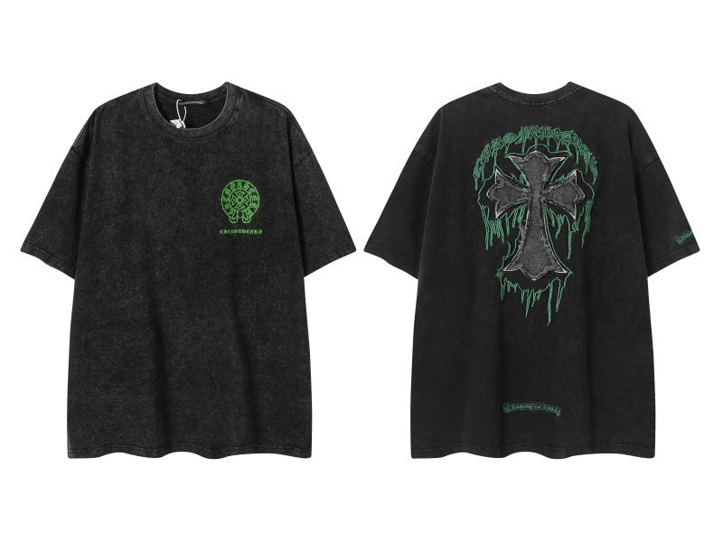 Chrome Heart horseshoe Sanskrit cross fluorescent wings T-shirt