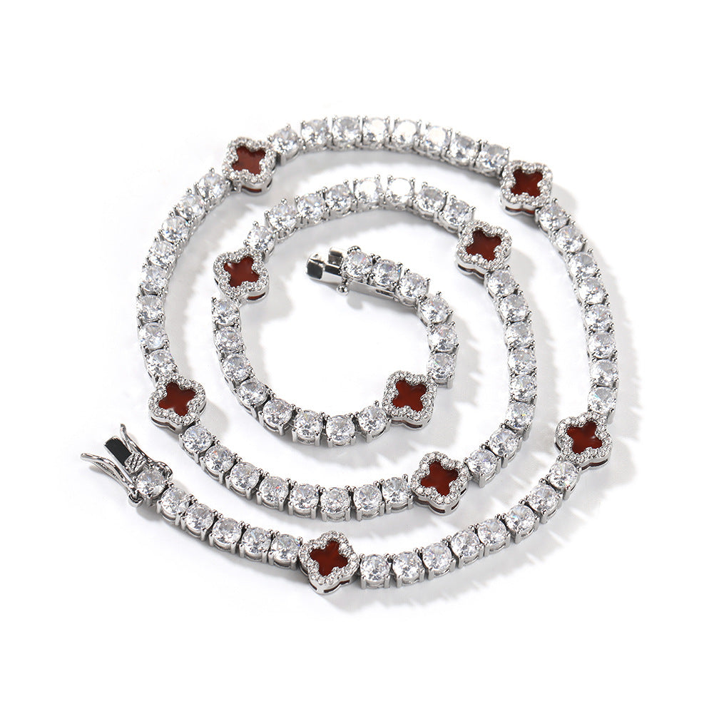 Hip-hop four-leaf clover diamond tennis chain necklace bracelet