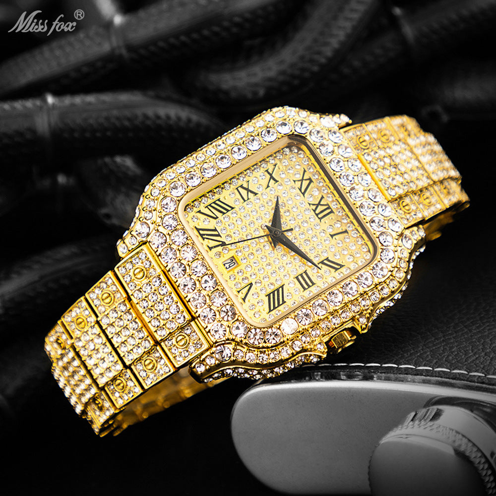 Hip-Hop Square Quartz Watch with Full Diamonds and Roman Markers