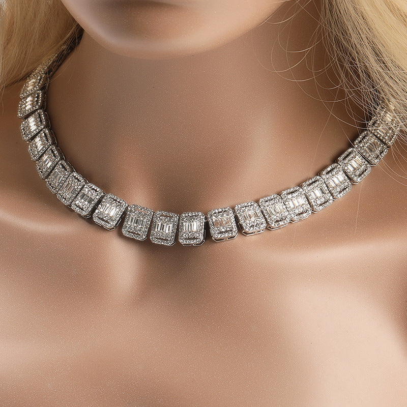 Alloy Necklace, 13mm, Diamond-Studded Nine-Panel Chain