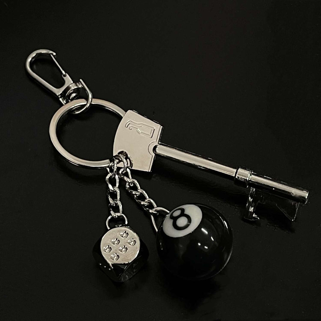 Solid "Black 8" & Silver Dice Keychain