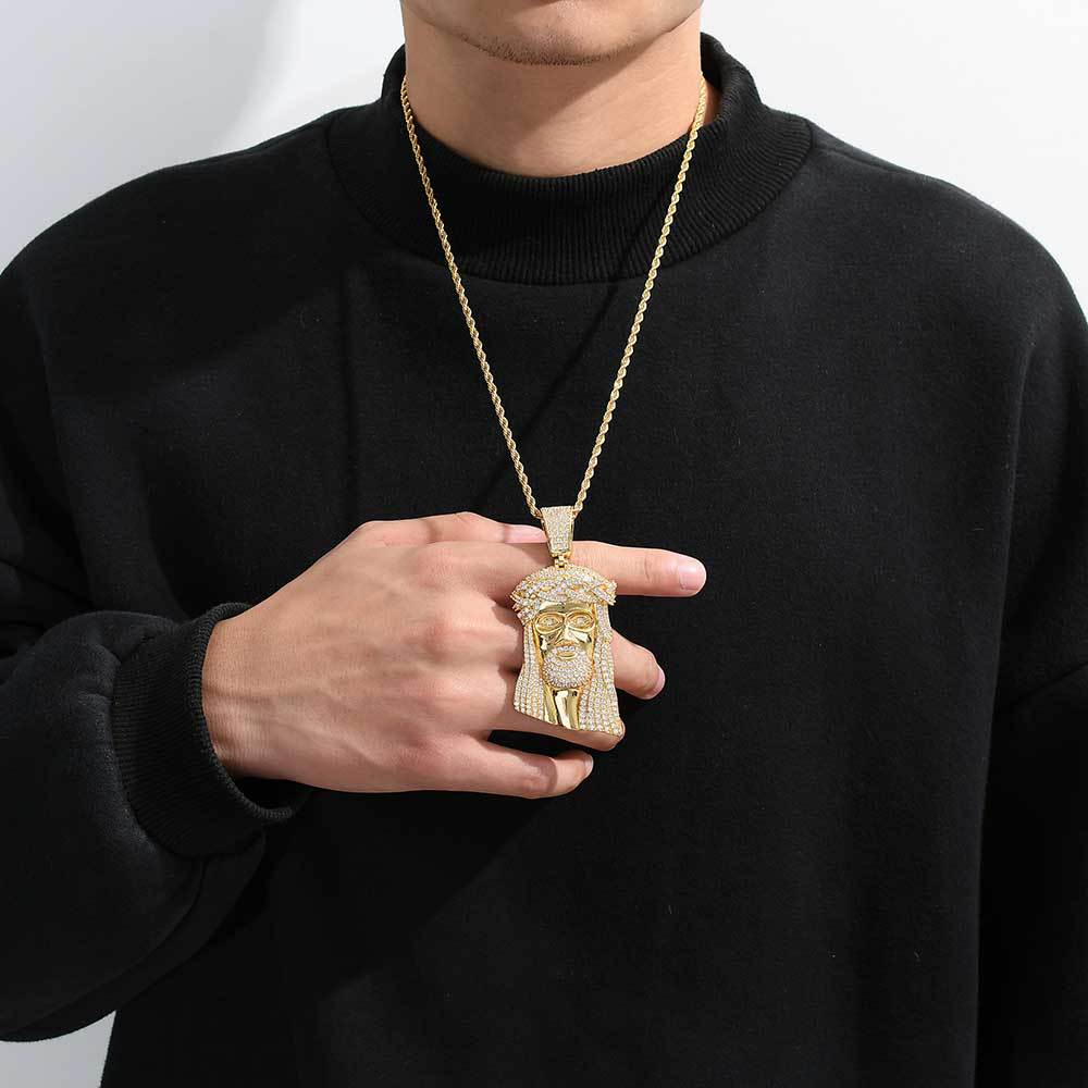 Micro Paved Zircon Jesus Head Hip Hop Men's Pendant Necklace