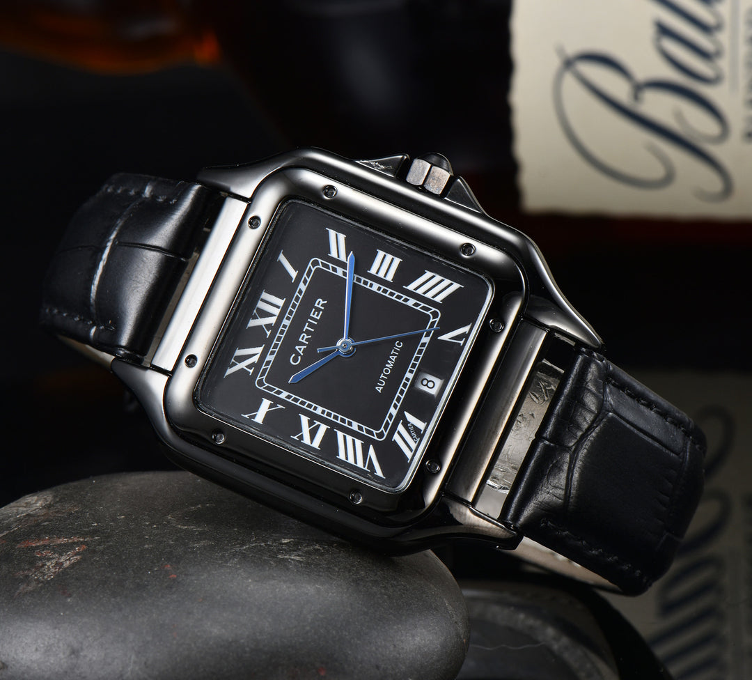 Leather Strap, Three-Hand Quartz Watch with Square Case