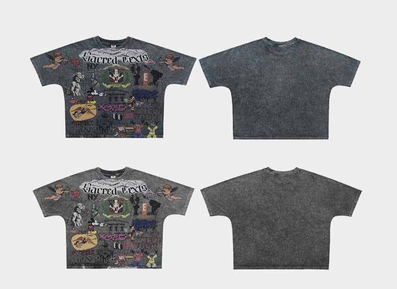 Vintage-Style All-Over Cartoon Print T-Shirt Washed & Distressed