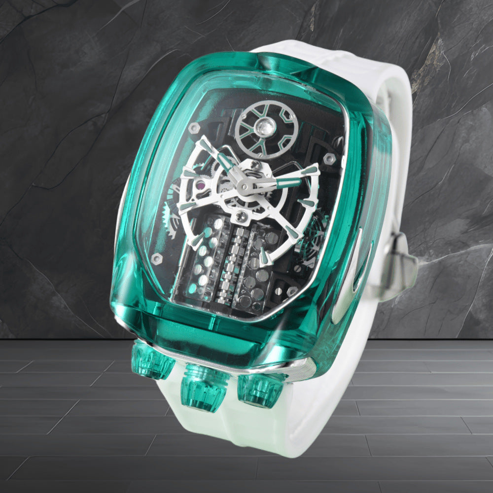 W16 Engine-Style Watch with Sparkling Transparent Crystal Case