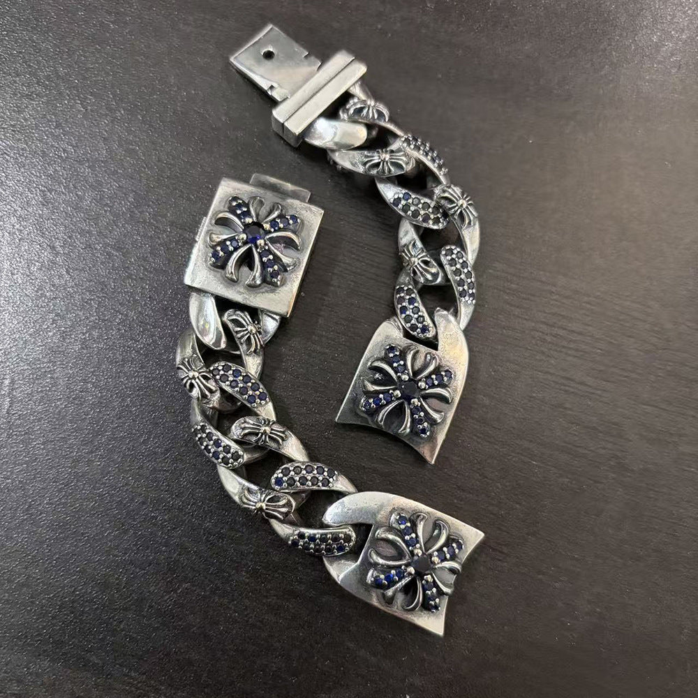 Chrome Hearts blue diamond-encrusted cross flower watch chain