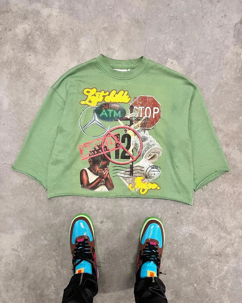 Graffiti print trendy T-shirt, three-quarter sleeve top