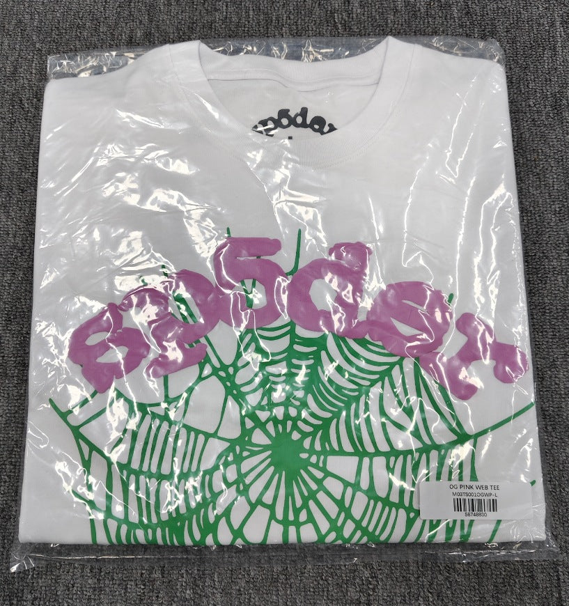 Hip-hop SP5der loose-fitting spider web T-shirt with lettering