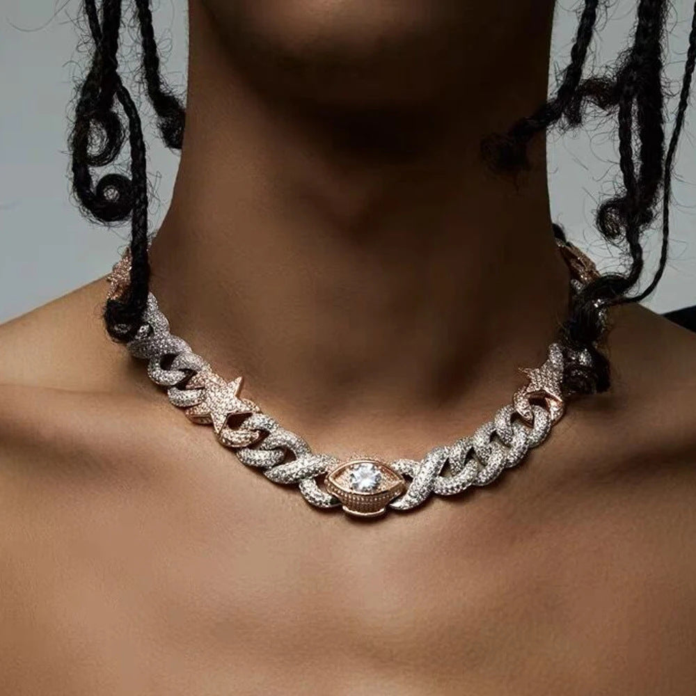 Hip-hop figure-eight Cuban chain two-tone star and eye pendant