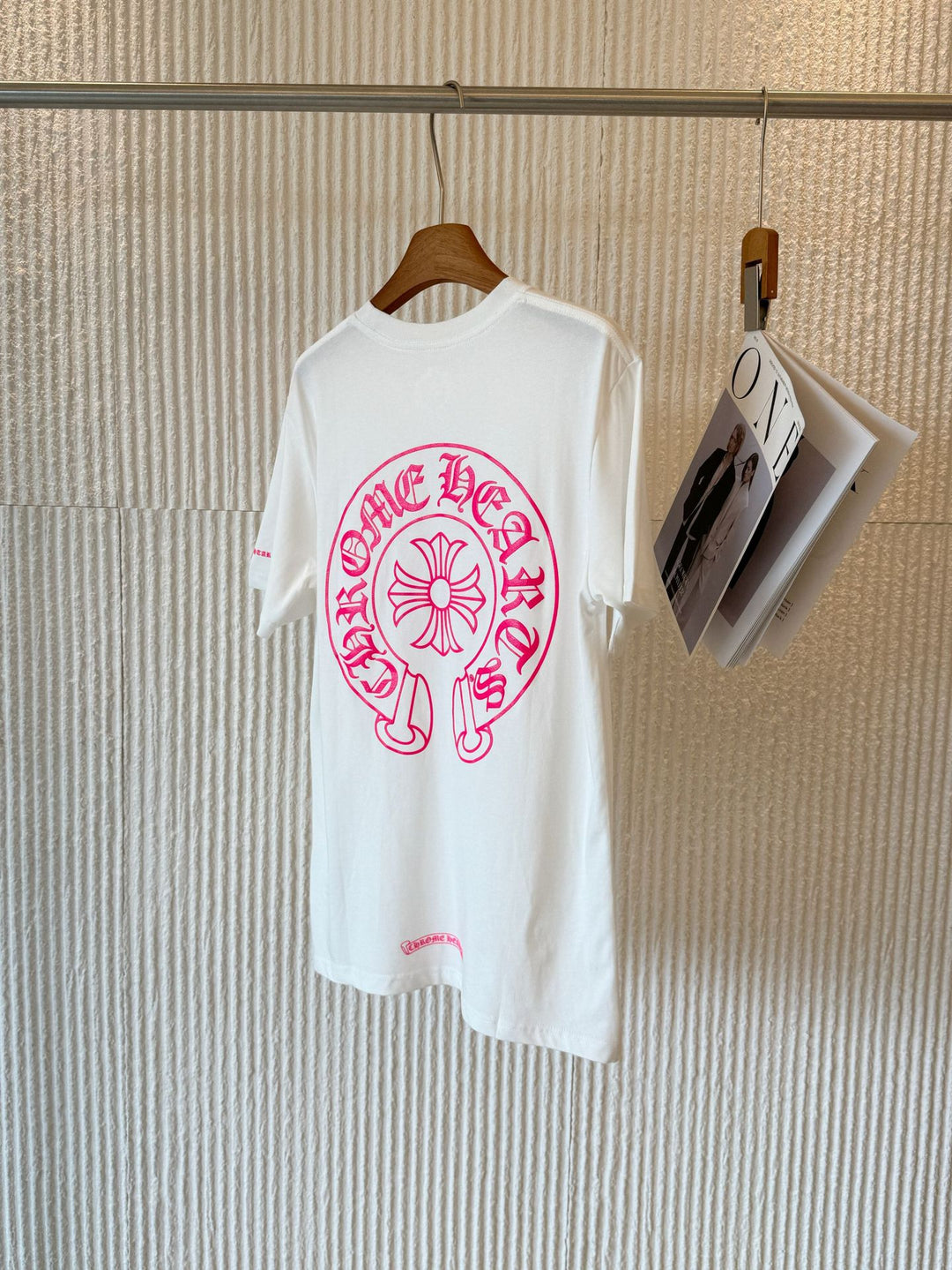 Chrome Hearts Pink Horseshoe Flower Sleeve Print T-Shirt
