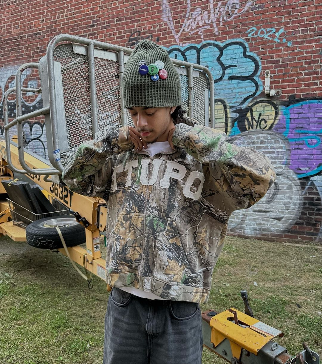 Camouflage cardigan zip-up sweatshirt patchwork letter Y2K jacket