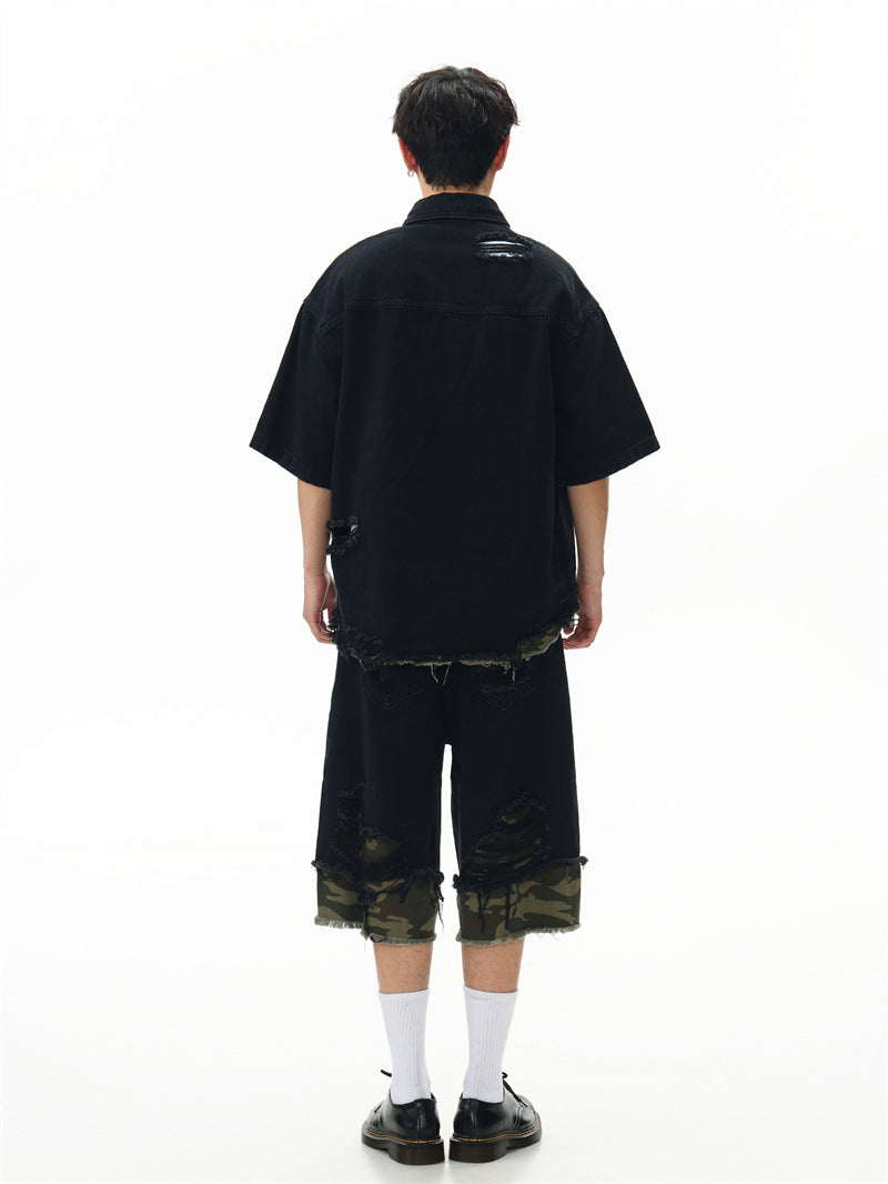 Raw-Hem Leopard-Print Patchwork Denim Shirt & Shorts Set