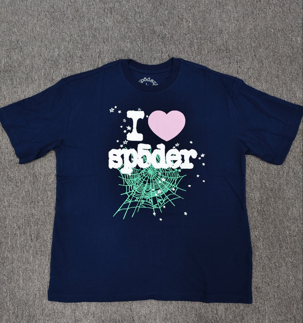 Hip-hop SP5der loose-fitting spider web T-shirt with lettering