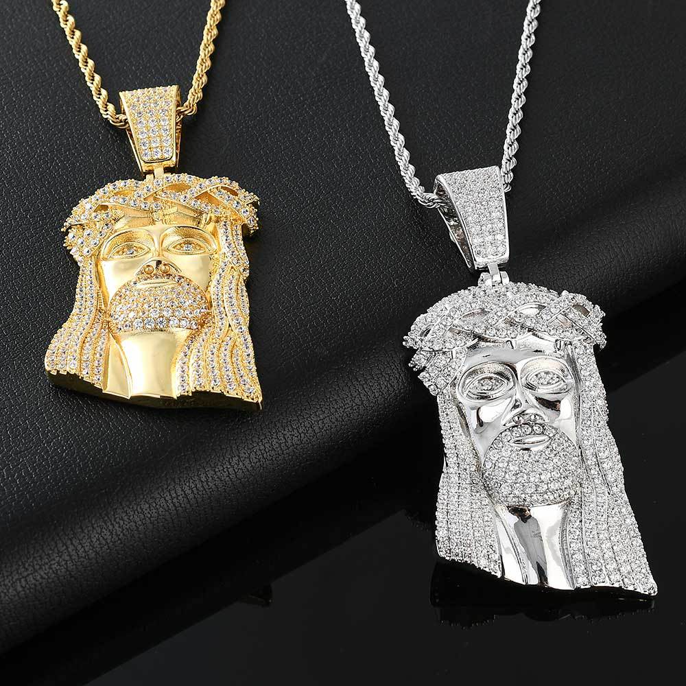 Micro Paved Zircon Jesus Head Hip Hop Men's Pendant Necklace