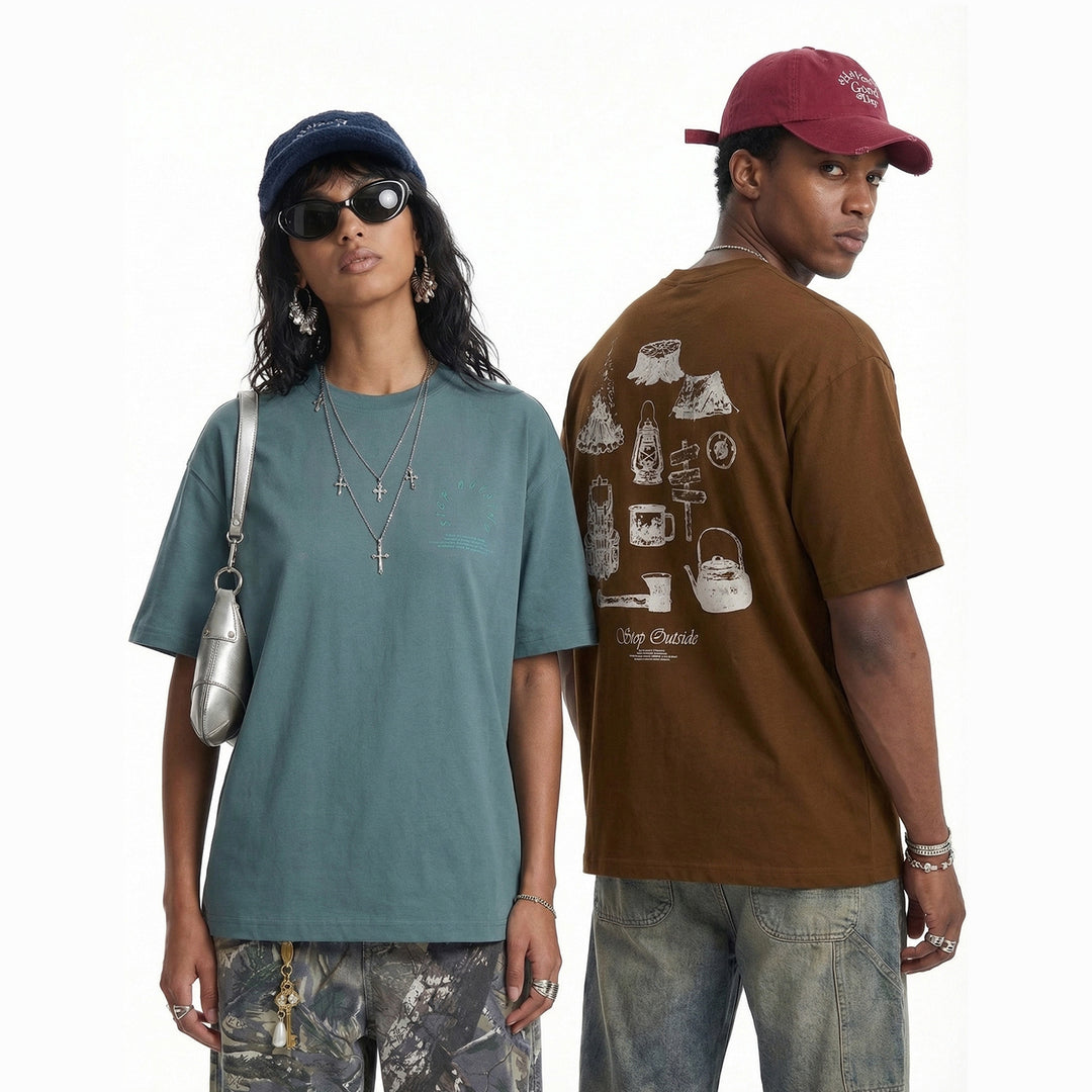 Camping Printed T-Shirt, Loose Fit, Short-Sleeve T-Shirt
