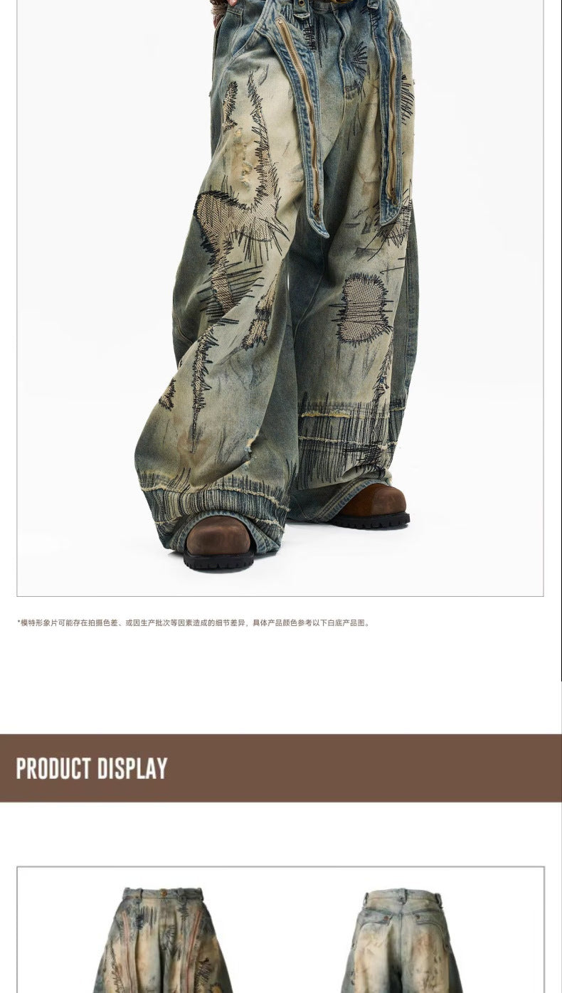 "Random Stitch" Embroidered & Distressed "Scythe" Cut Denim Jeans