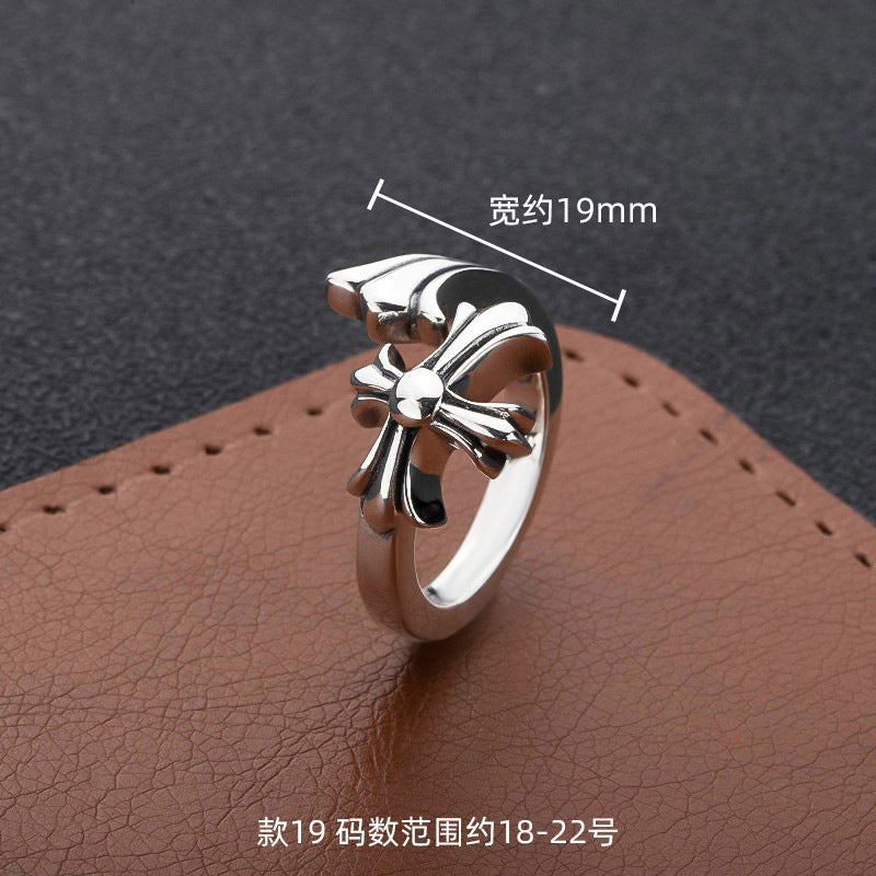 S925 sterling silver chrome hearts cross flower retro open ring