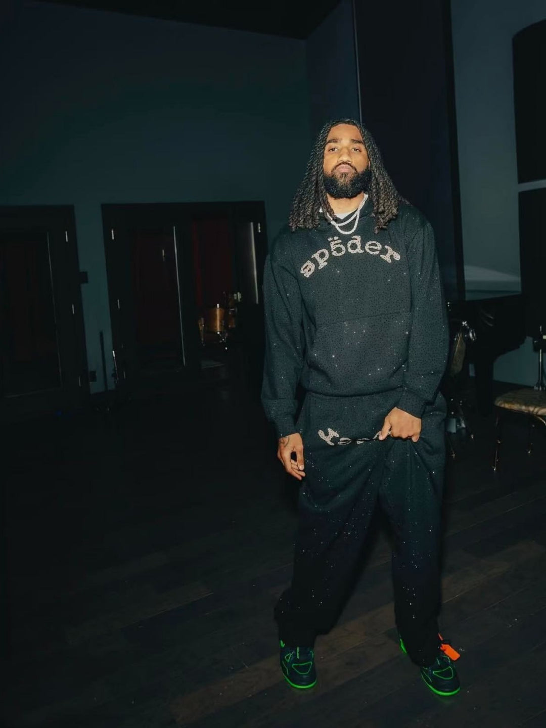 Sp5der full-rhinestone hoodie and sweatpants