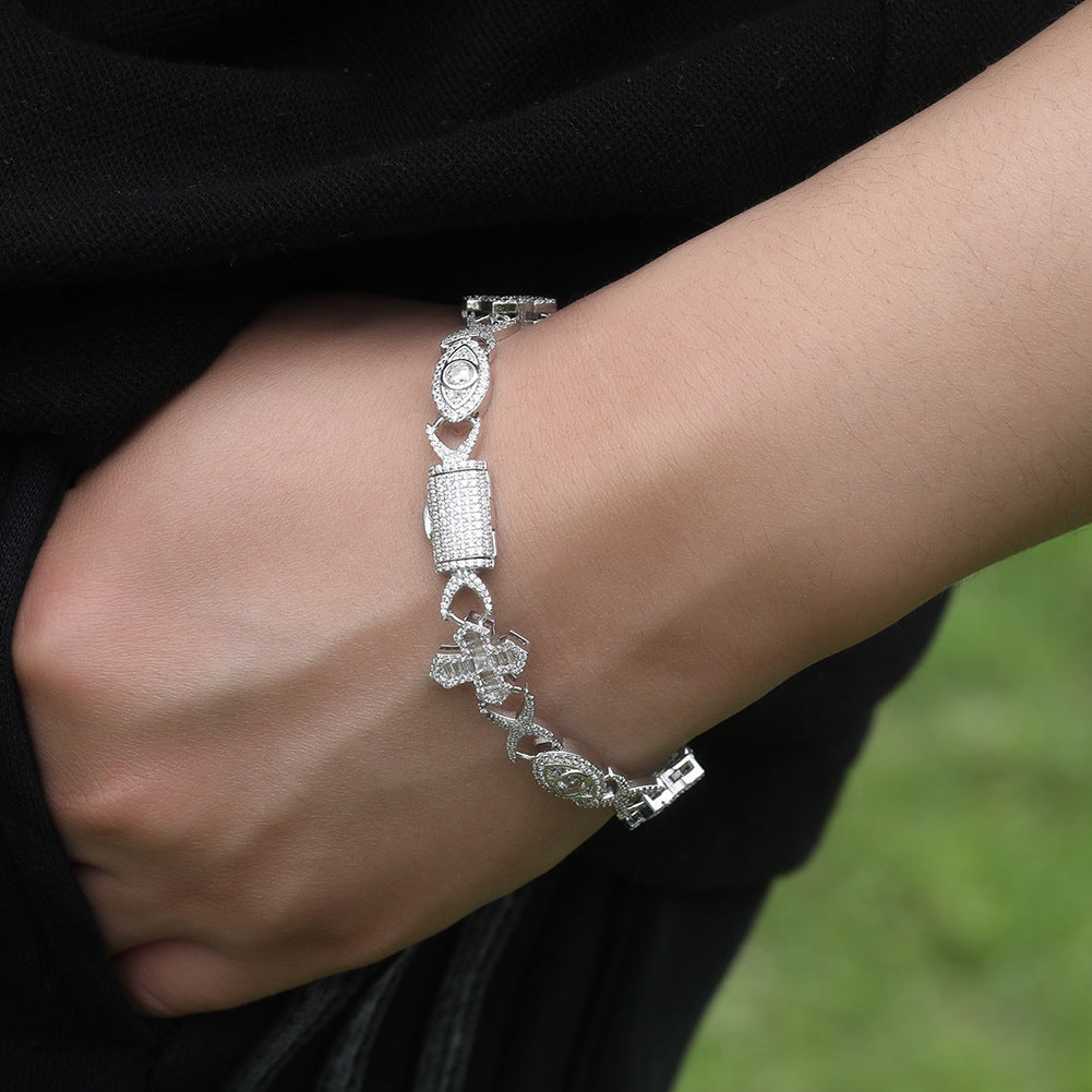 Hip-Hop Bracelet: Copper-Inlaid Zircon "Eye & Cross" Design