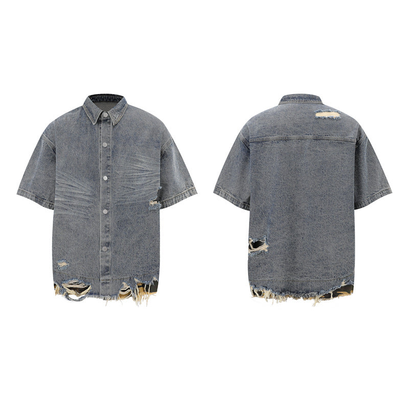 Raw-Hem Leopard-Print Patchwork Denim Shirt & Shorts Set