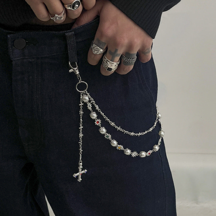 Pearl, Multi-Gemstone, Cross & Floral Pant Chain
