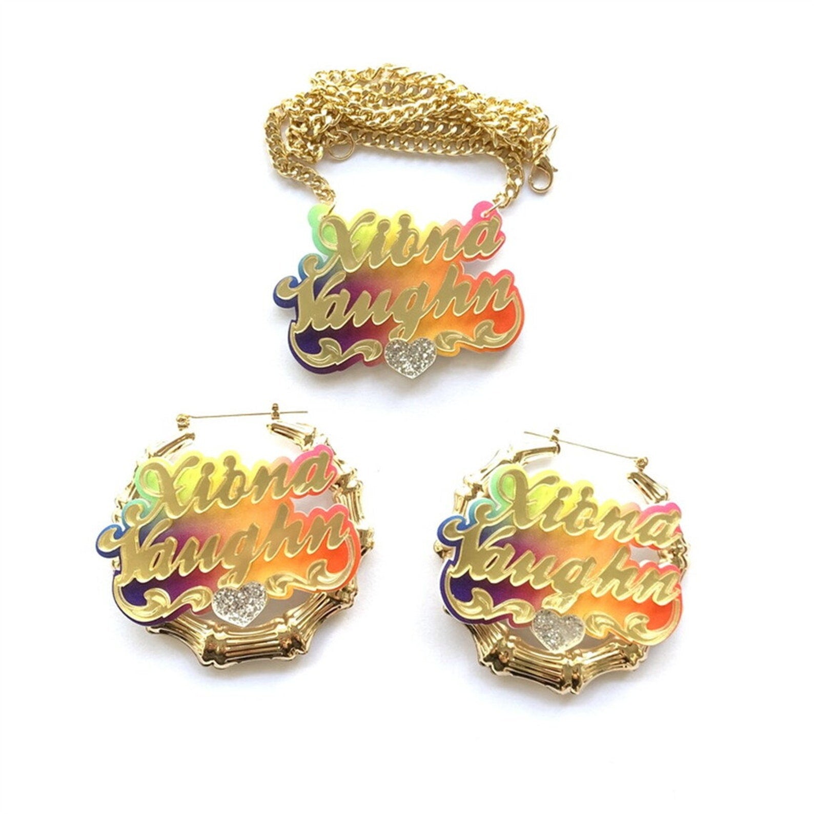 Acrylic Rainbow Gradient Name Necklace Bamboo Earring Set