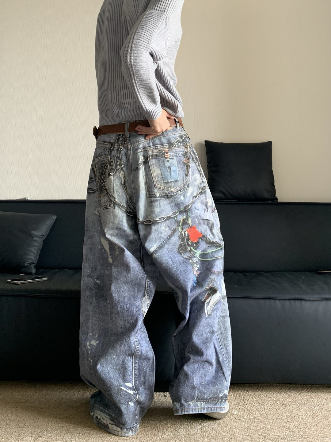 Distressed "Wasteland" Style Jeans with 3D Print and Chain Detail