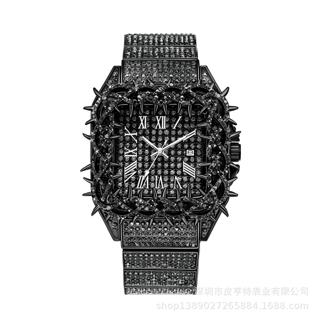 Square spiky dial, full diamond quartz watch
