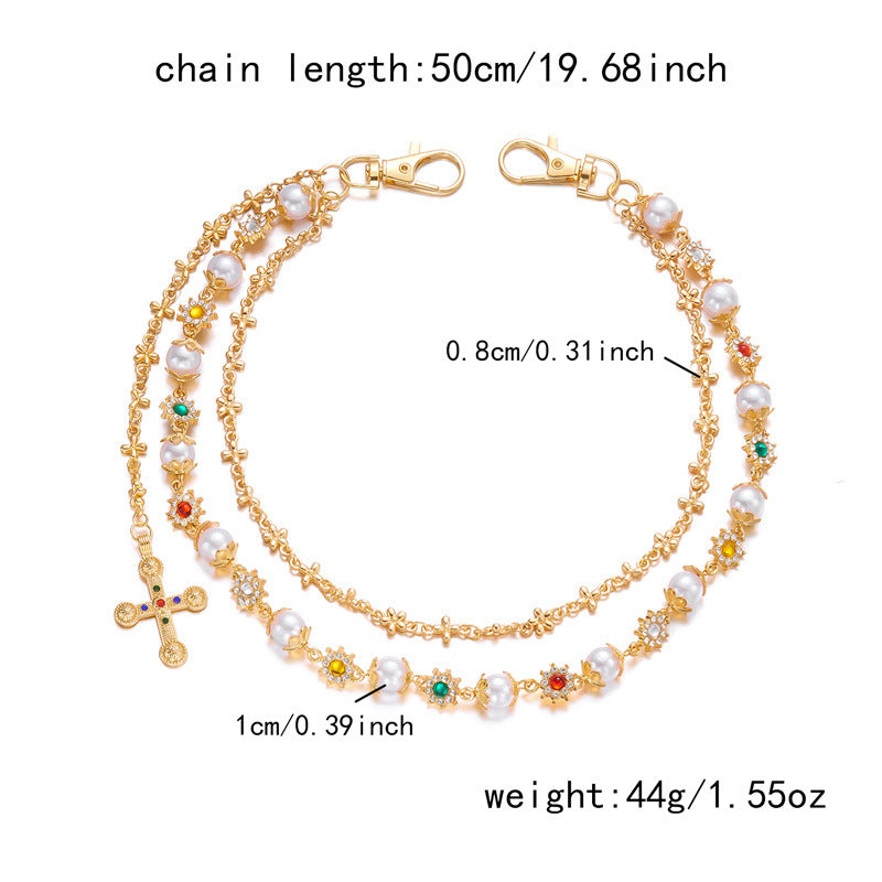 Multi-Color Gemstone, Pearl, and Cross Punk Waist Chain