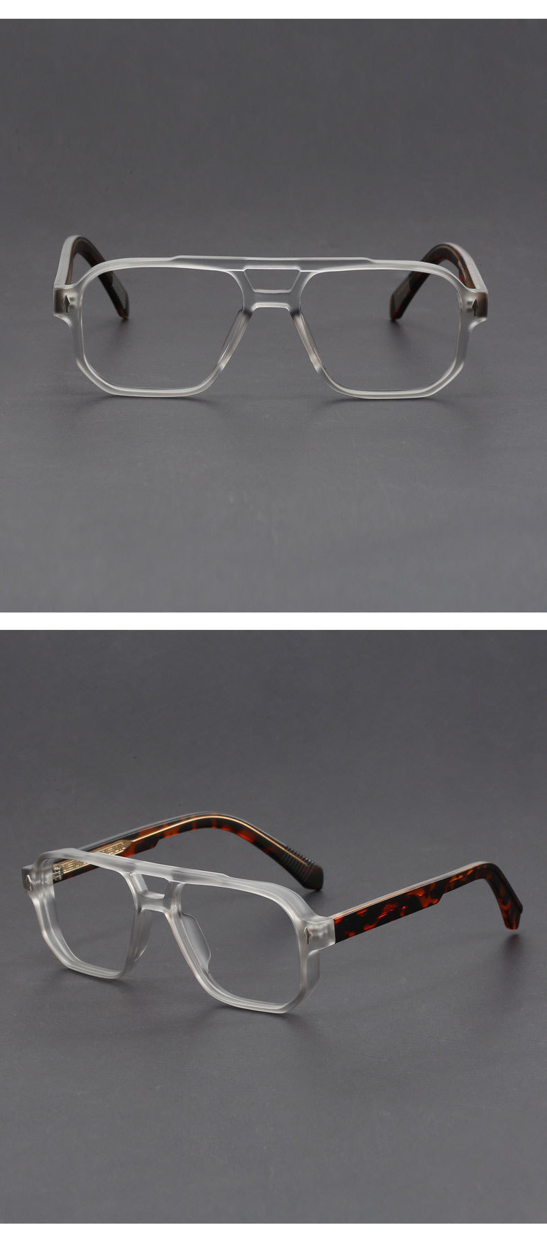 Square double-bridge plano glasses