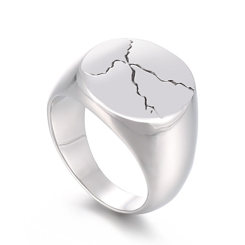 Crackled design round stainless steel wide face thumb ring