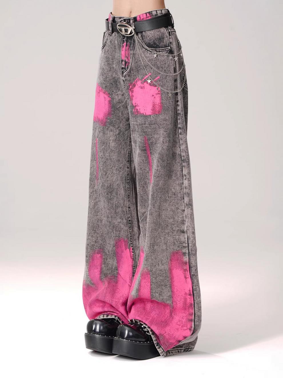 Graffiti print straight-leg floor-length jeans