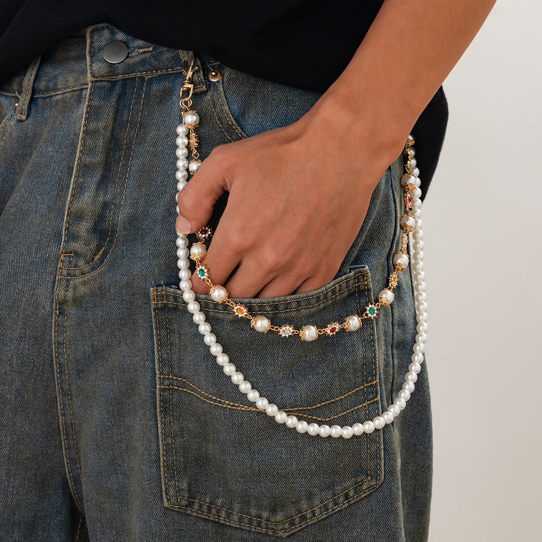 Pearl, Multi-Gemstone, Cross & Floral Pant Chain