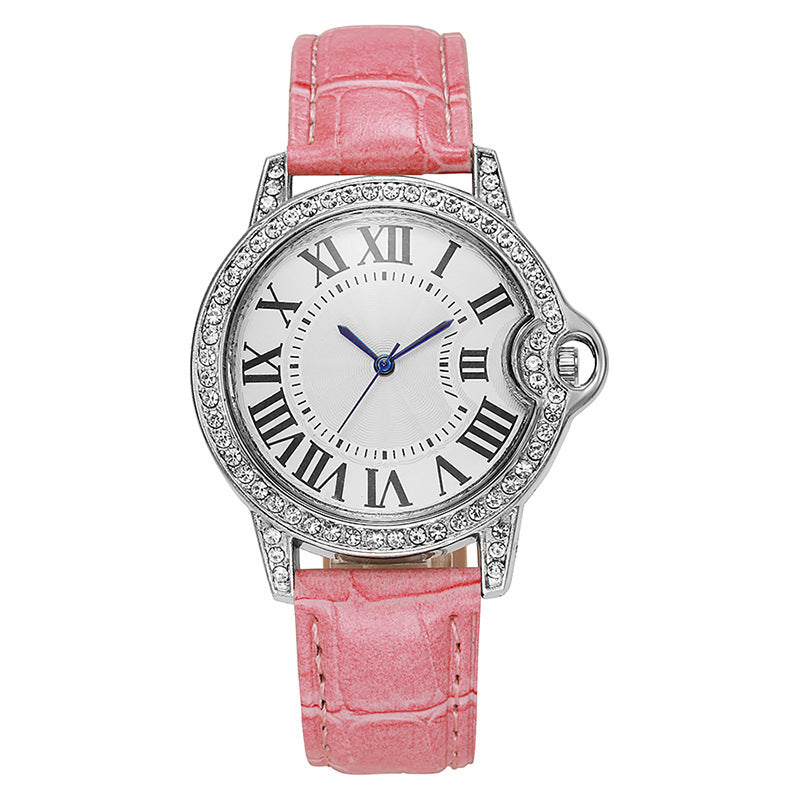 Fashion Diamond-Encrusted Women's Quartz Watch with Leather Strap
