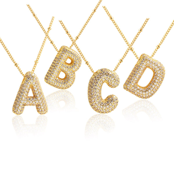 Bubble Initial Necklace 14k Gold Plated Cubic Zirconia