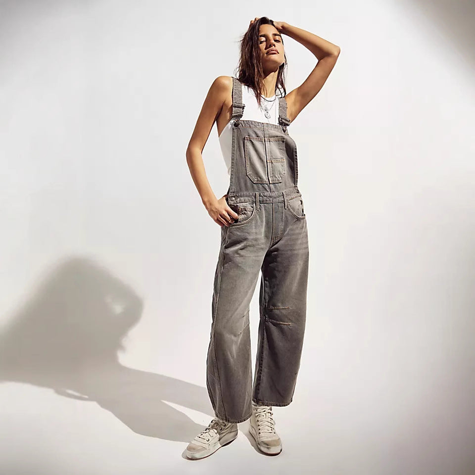 Washed Vintage, Loose-Fit, Straight-Leg Cargo Denim Overalls