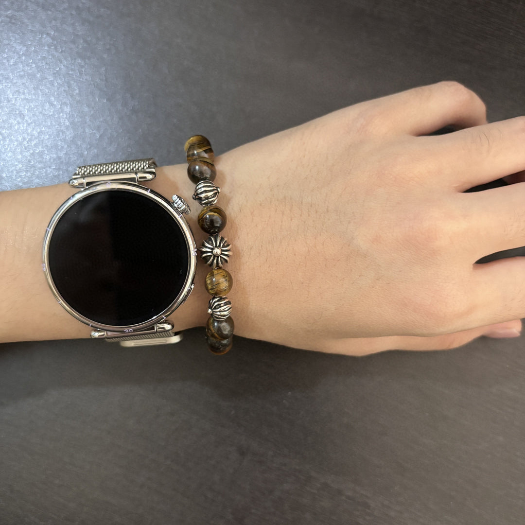 Chrome Hearts tiger's eye stone cross silver bead bracelet