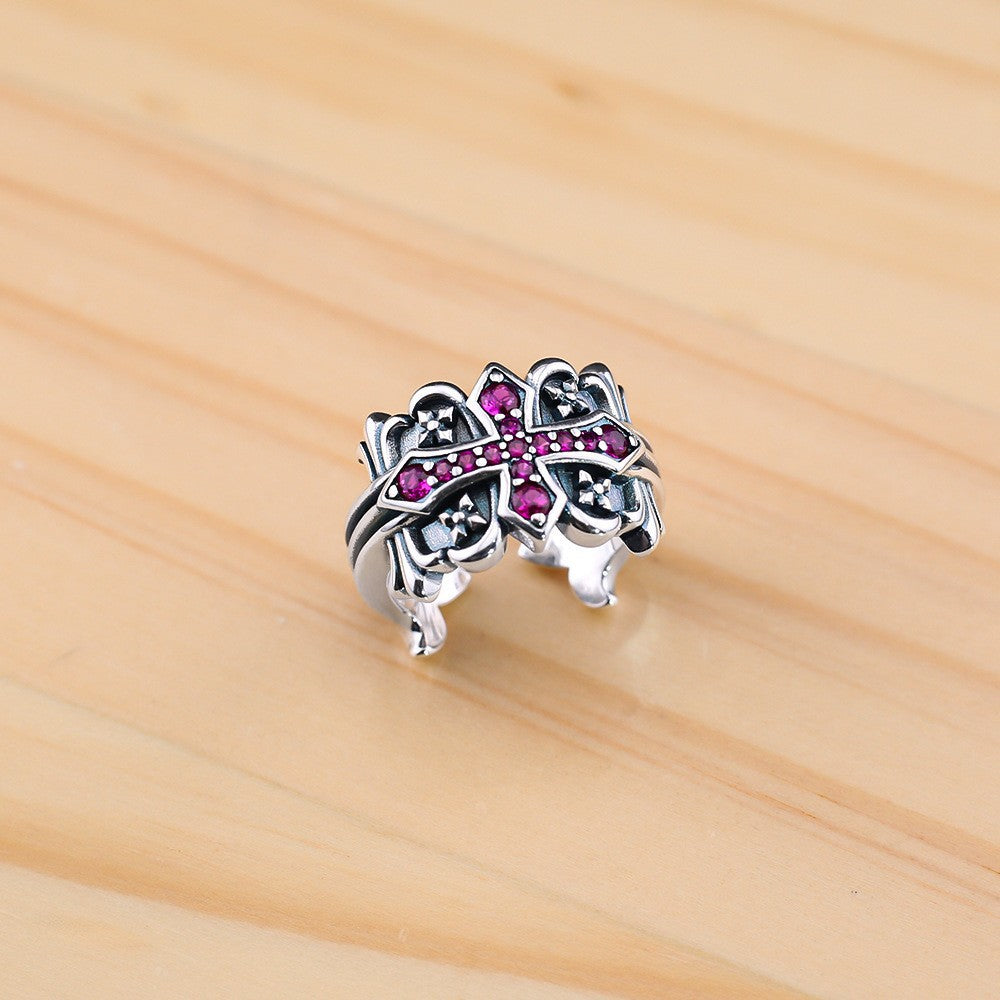 Rose red diamond cross flower open ring