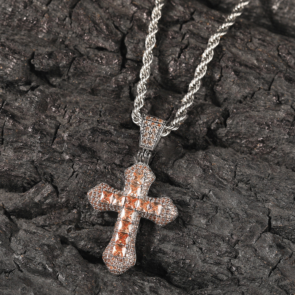 Blue Zircon Cross Hip-hop Necklace
