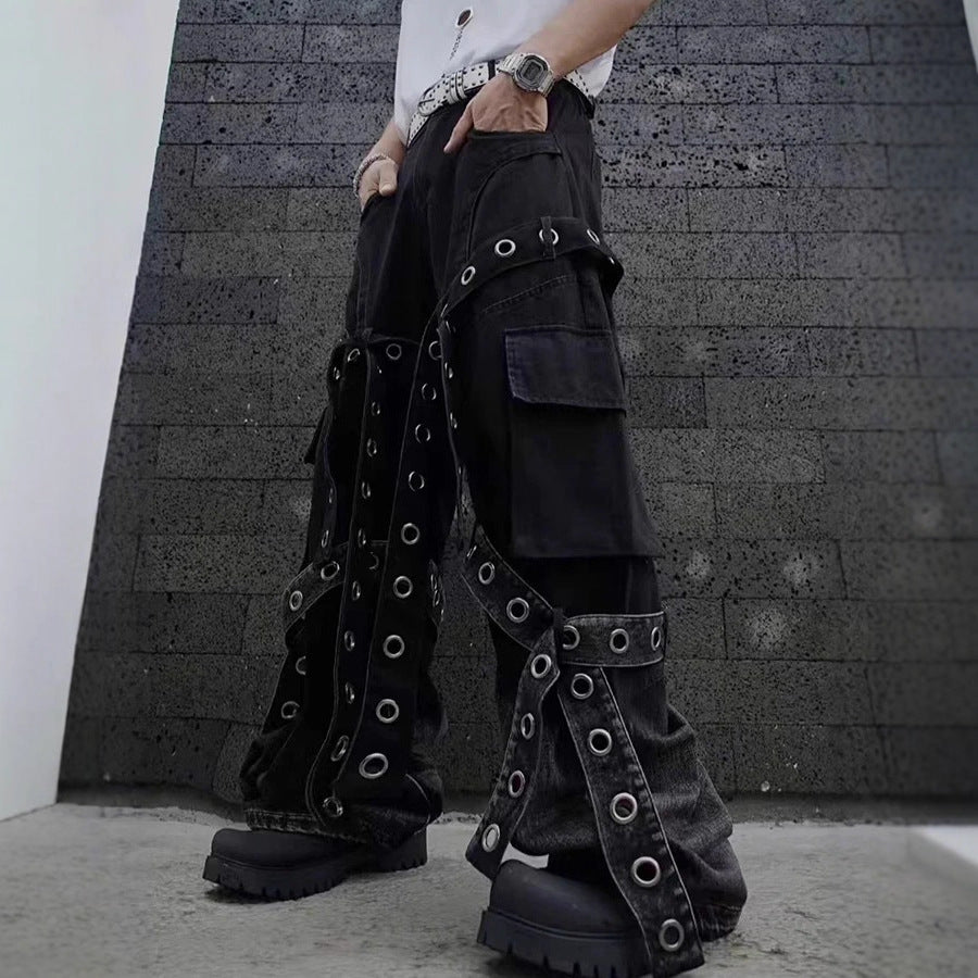 Retro heavy-duty pleated workwear-style jeans